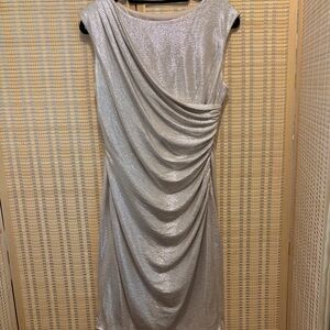 Alex Marie Shimmery Silver Asymmetrical Ruched Cocktail Dress